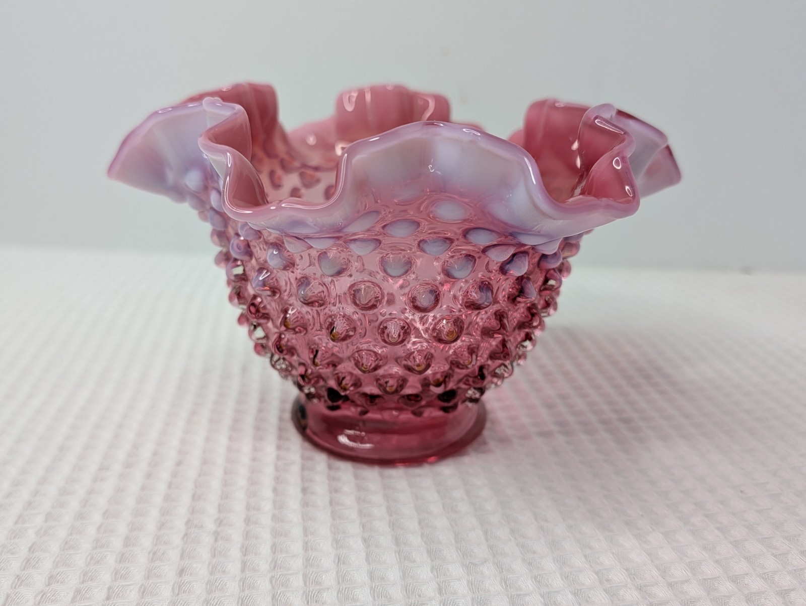 Fenton Cranberry Opalescent Candy Bowl Dish Hobnail Ruffled Vtg Snap Ring Marks