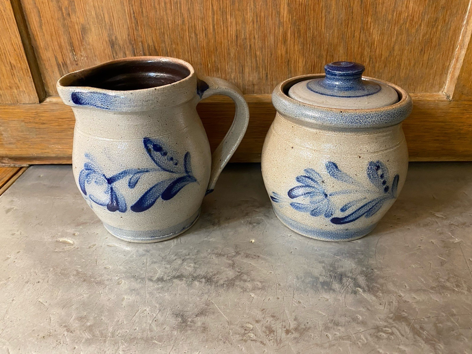 Vintage 1992 Rowe Pottery Stoneware Sugar Bowl Creamer Set Blue Floral