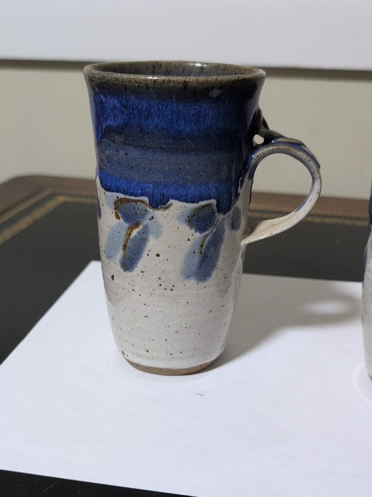 Studio Art Pottery Mugs Blue,Tan, Gray, Signed 1986 Glazed! Lot Of 2