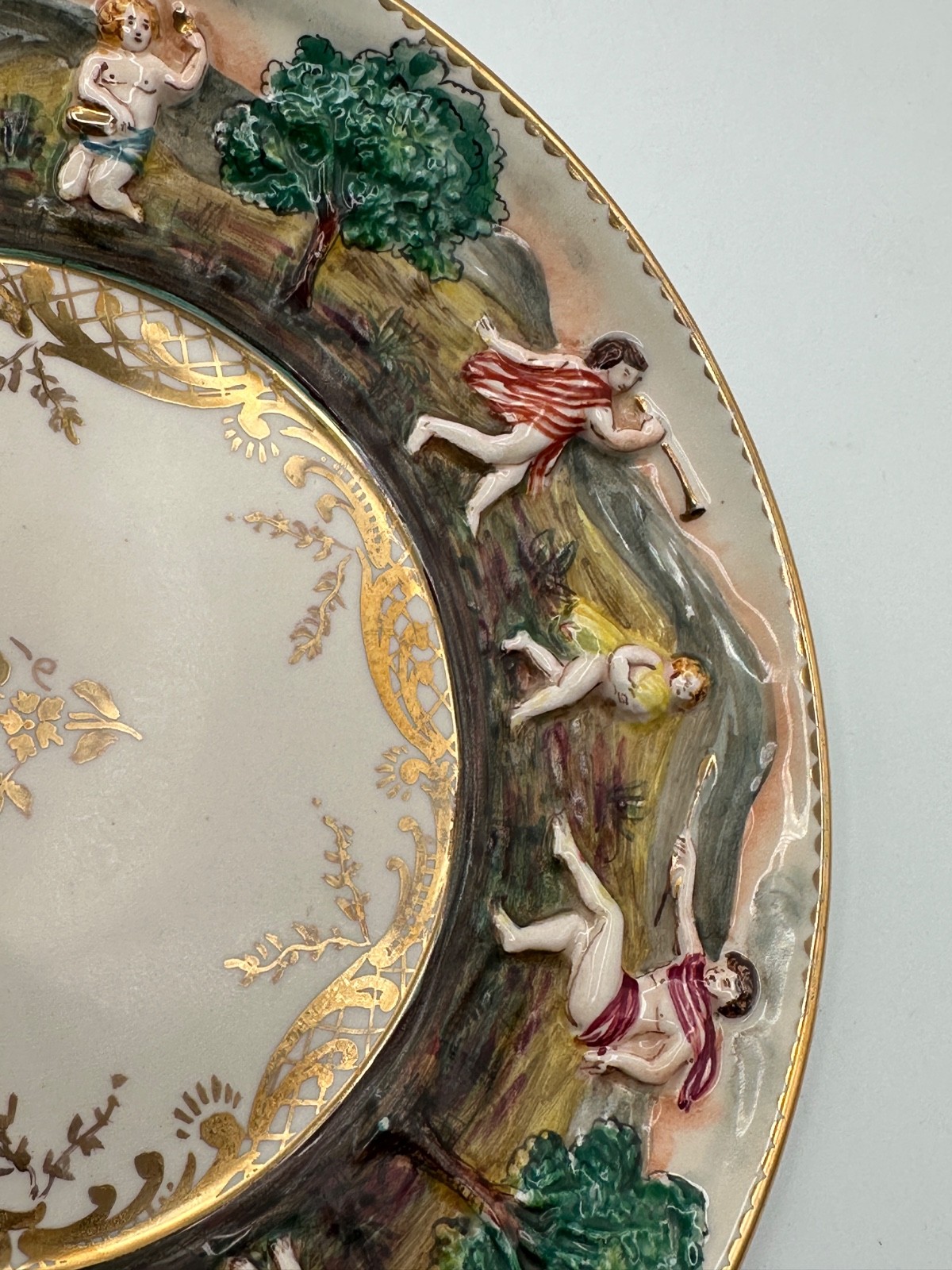 Pair Vintage Italian Capodimonte 7.5” Hand Painted Figural Relief Plates
