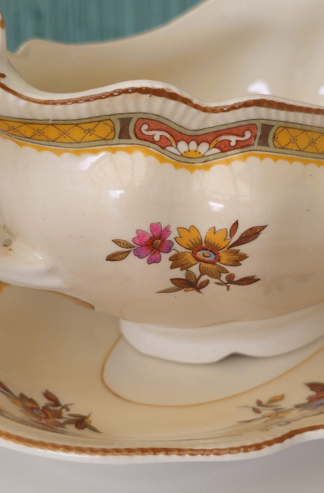 Gravy Boat & Plate Old Staffordshire Pareek Rouen By Johnson Bros 1920s Antique