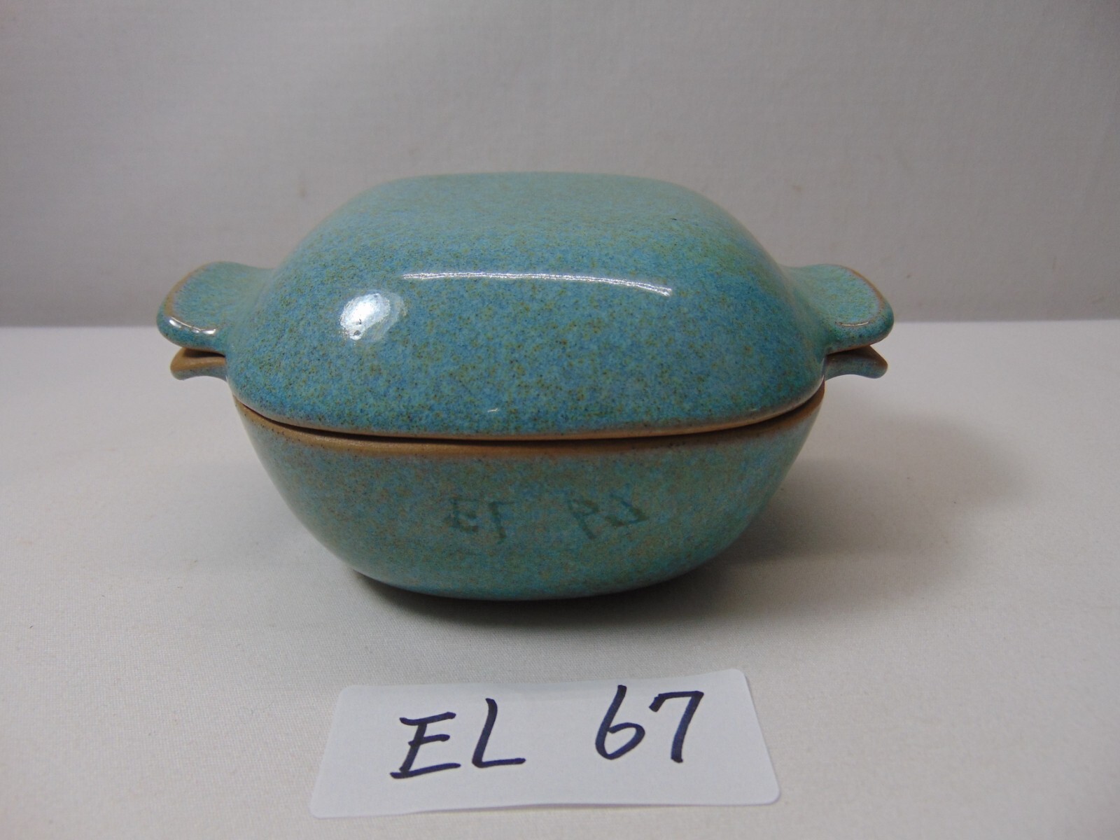 GLIDDEN POTTERY #167 RAMKIN DISH LID SIGNED SEAFOAM BLUE GREEN SPECKLED