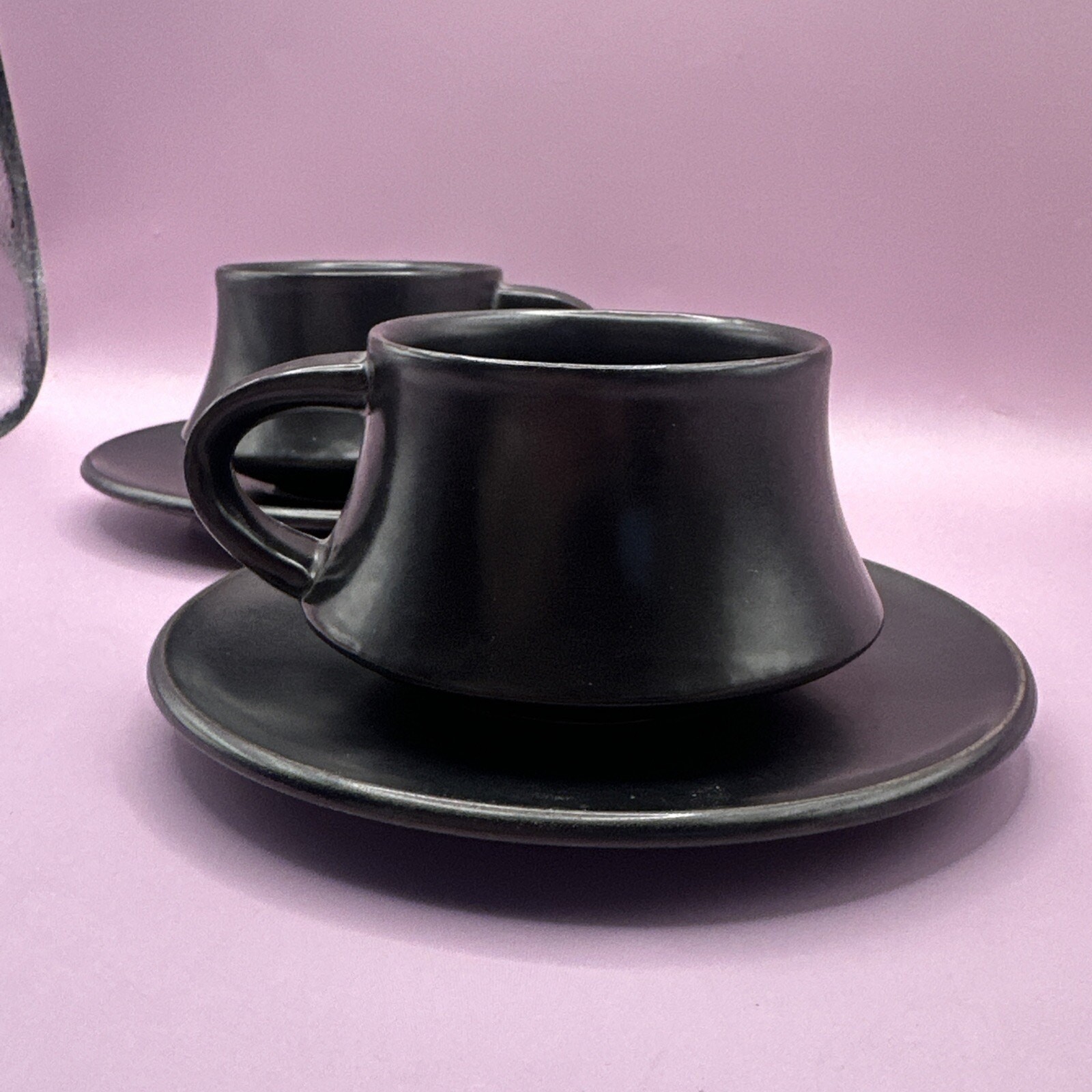 Vintage Shungyo Slate Black Gray Stone Ware Japan 2 Tea Cups & Saucers Set