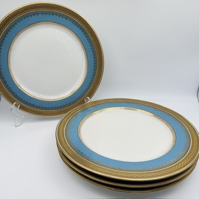 Set Of 4 Bernardaud Limoges Dinner Plates Turquoise Blue Heavy Gold Trim 10″