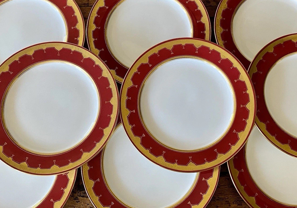 Antique MINTON Set Of 9 Dinner Plates G9561 Red Gold 10.25” Rare Museum Quality
