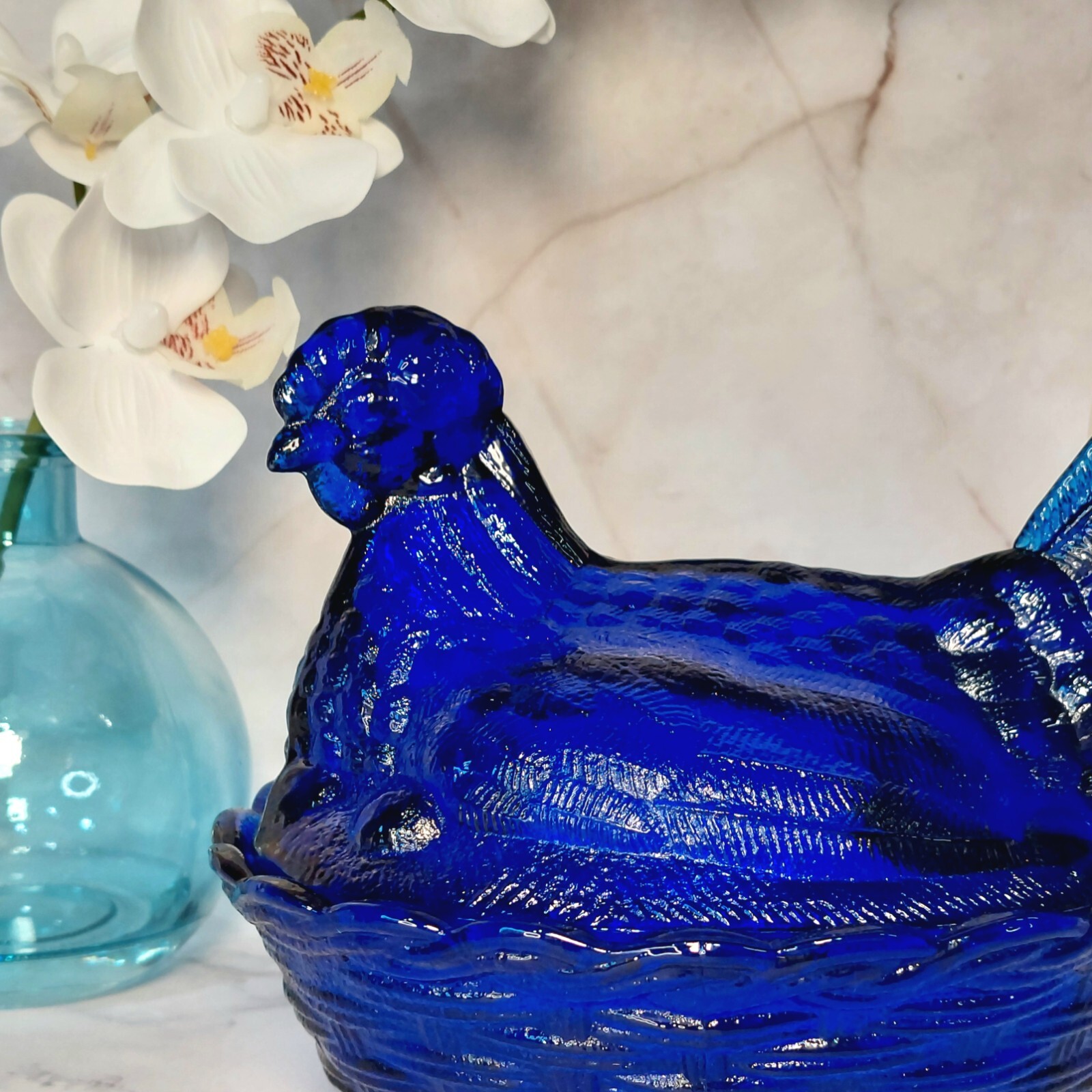 Hen on Nest Chicken Cobalt Blue Glass Depression Style Candy Dish, Vintage Style
