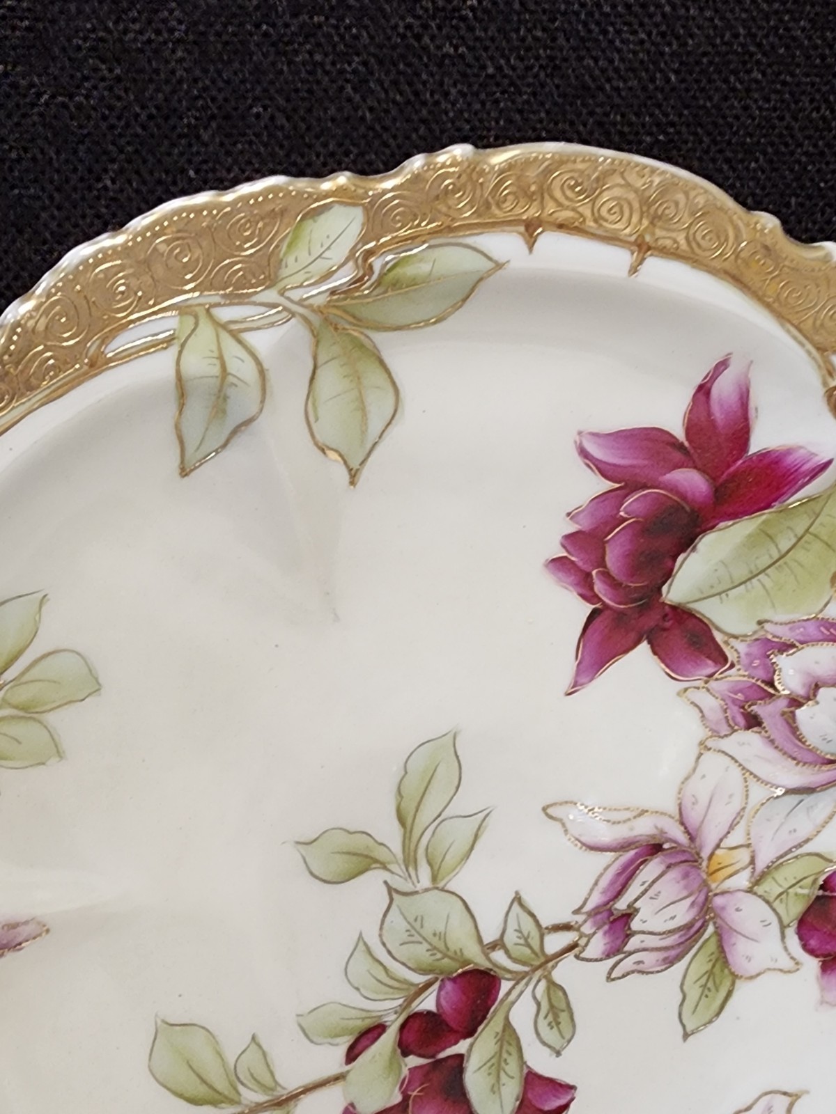 Antique Nippon 12.5” Wall Plate Charger Hand Painted Purple Floral Flowers Gold