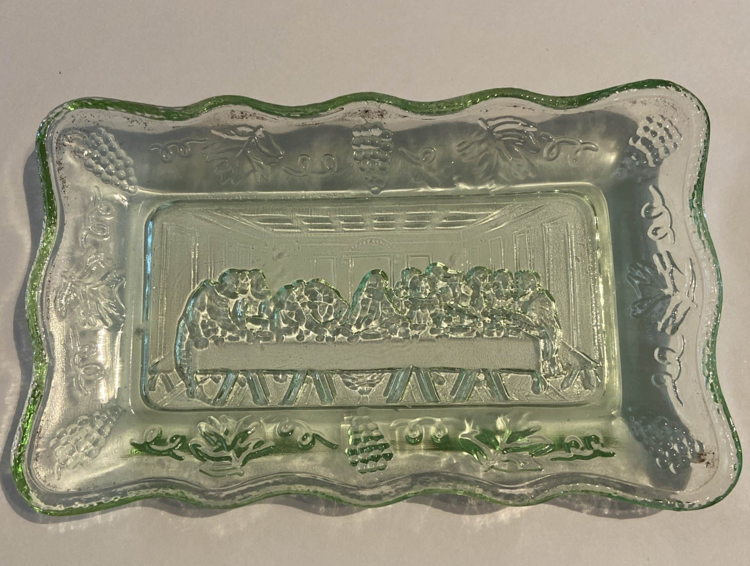 The Last Supper Vintage Tiara Indiana Glass Butter Dish Coin Dish Green Glass