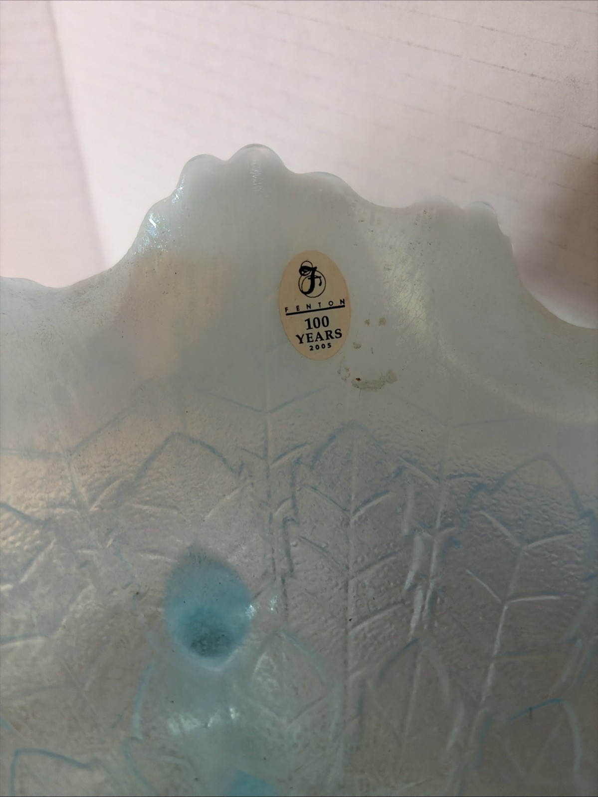 Fenton 100th Anniversary Blue Opalescent Ruffled 3ftd Bowl 11×4” RARE Sticker