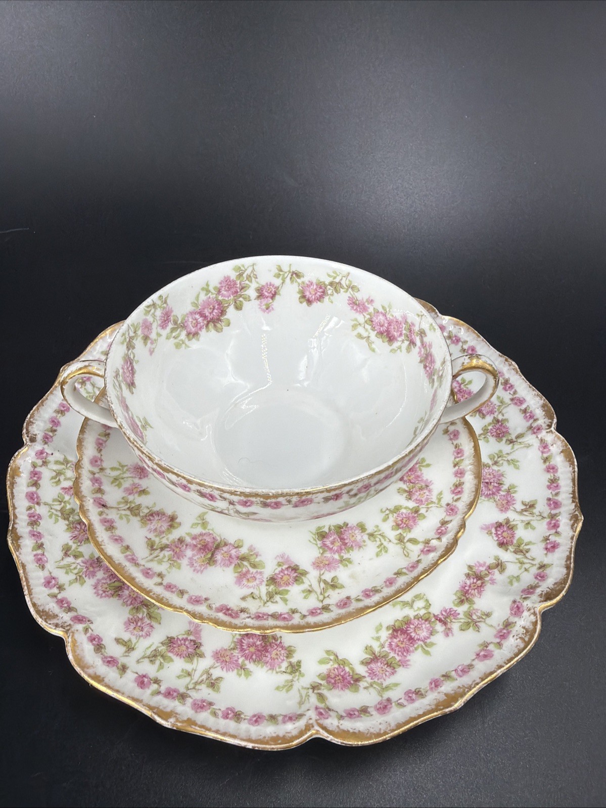Gerard Dufraisseix Abbot LIMOGES Rose Garland Cup Saucer Plate 3 PC GDA88 France