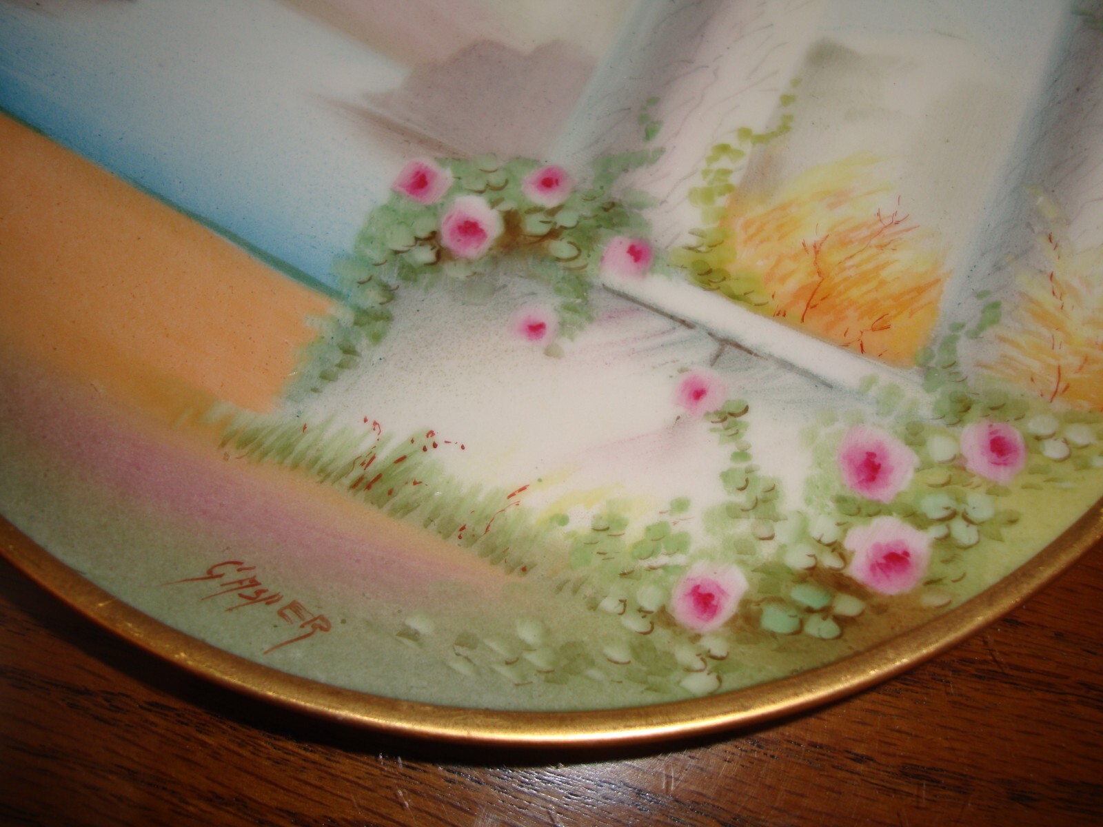 PICKARD HAND PAINTED VELLUM SIGNED “GASPER” PLATE, ITALIAN GARDEN, ROSES, 8 1/2″