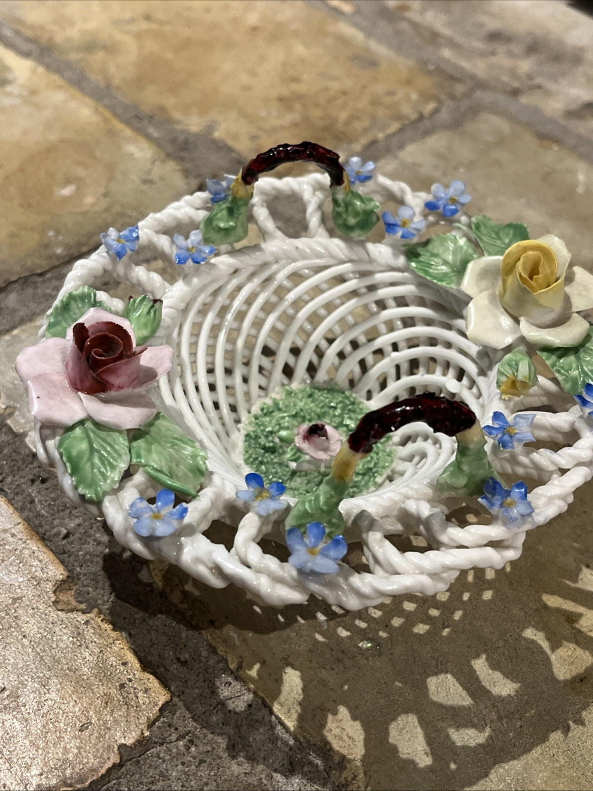 Vtg Denton Woven Porcelain Handled Basket Applied Flower Best Bone China ENGLAND