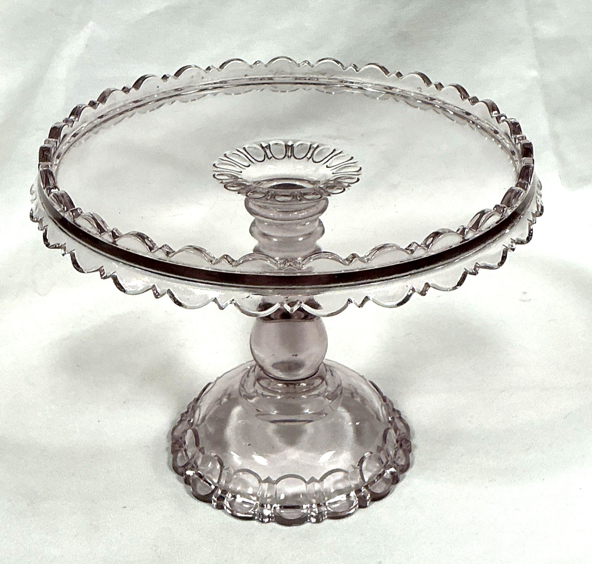 Vintage Adams Glass Rare Amethyst Cake Stand Apollo Pattern 6 1/4” H X 8 1/2” W