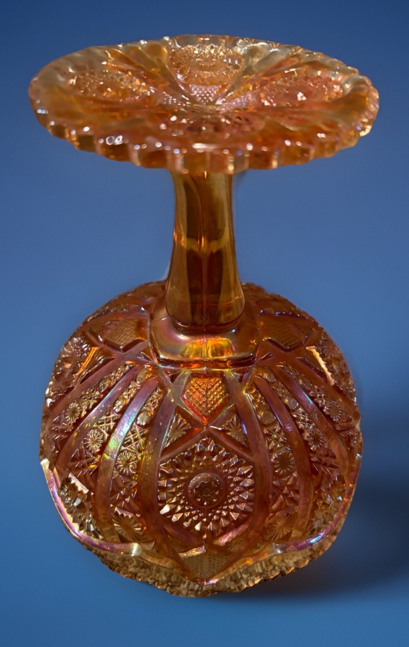 Vintage Marigold Carnival Glass Pedestal Compote Bowl Scalloped Rim