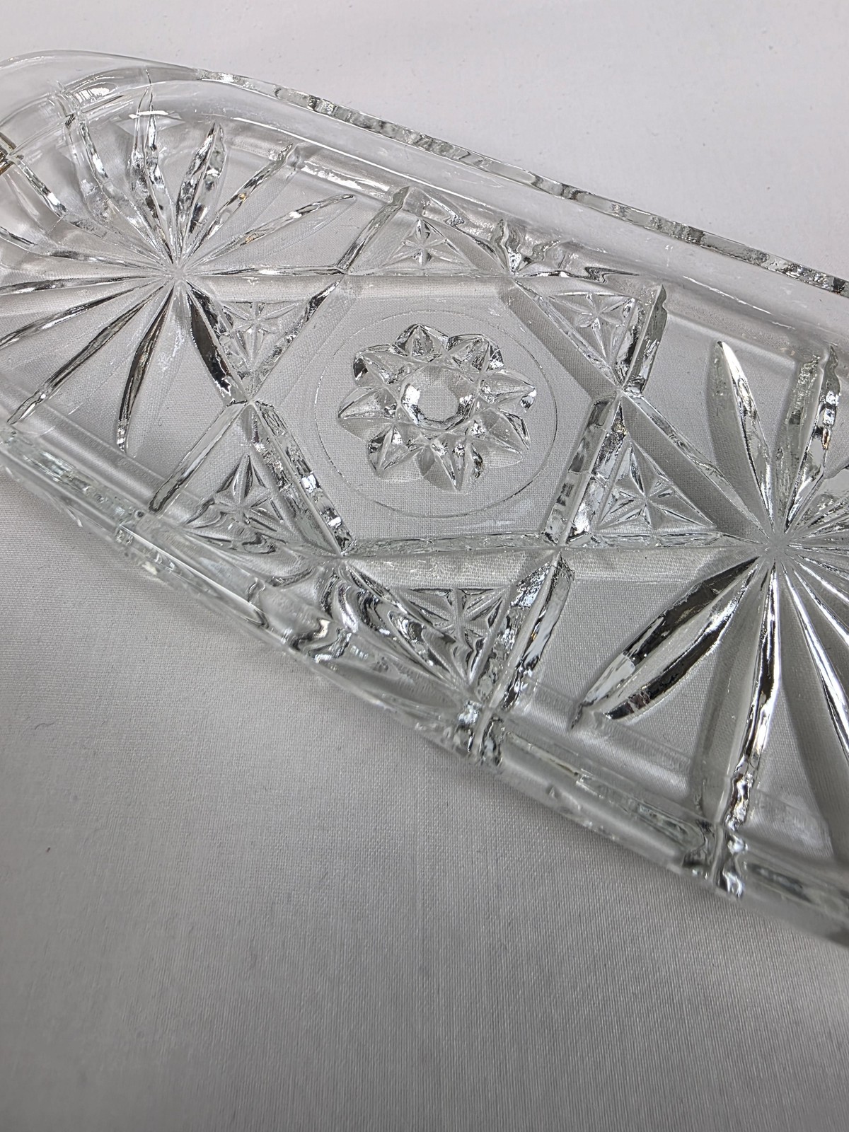 Vintage Glass Relish Tray Chrome Handle Starburst Cut Pattern Candy Dish Server