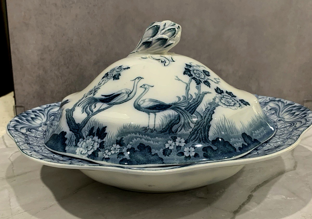 Antique Johnson Bros MONGOLIA Gray Blue Transferware Oval Covered Serving Bowl
