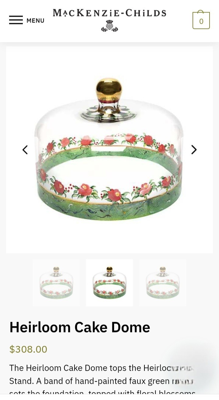 Mackenzie Childs Heirloom Glass Cake Dome Faux Marbling & Flowers NIB