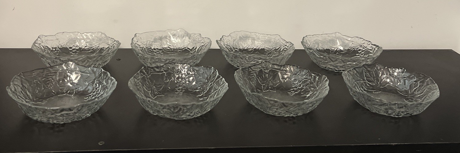 8 Mallory Vintage Clear Glass D’Arques Cereal Bowls Cristal Grapevine Durand