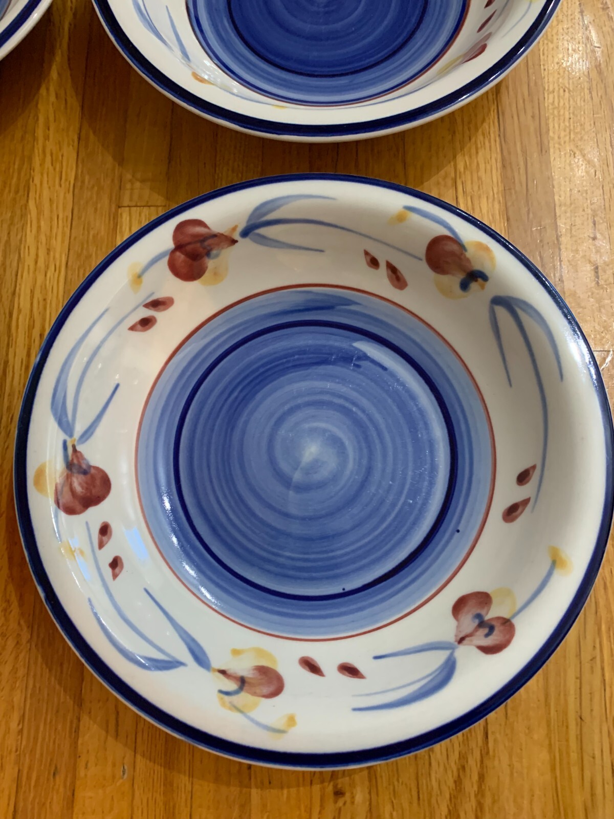 Bowls 4 China Stoneware 8.25″ Round Dinner Bowls Blue Swirl Fruit and Leaves MCM