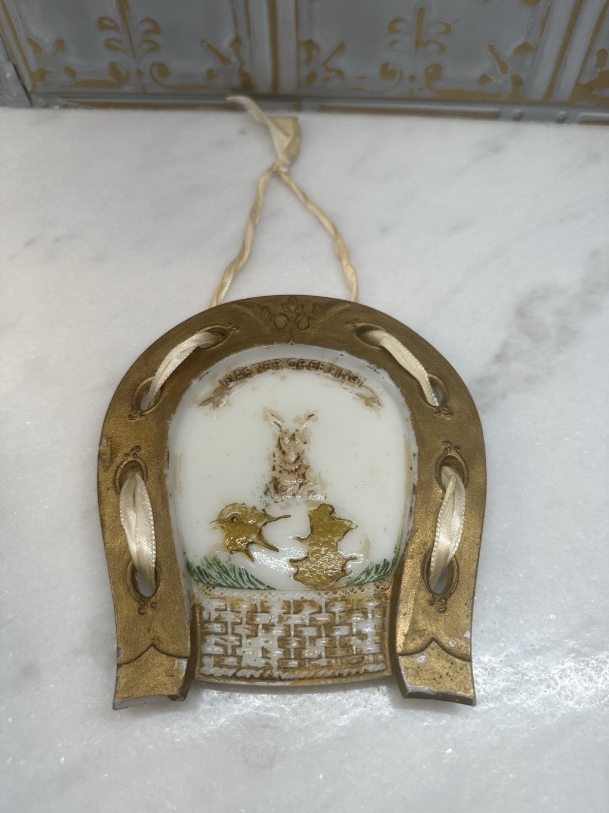 P.L. Co. Antique Pressed Milk Glass Easter Horseshoe Hanging Plaque Bunny Chick