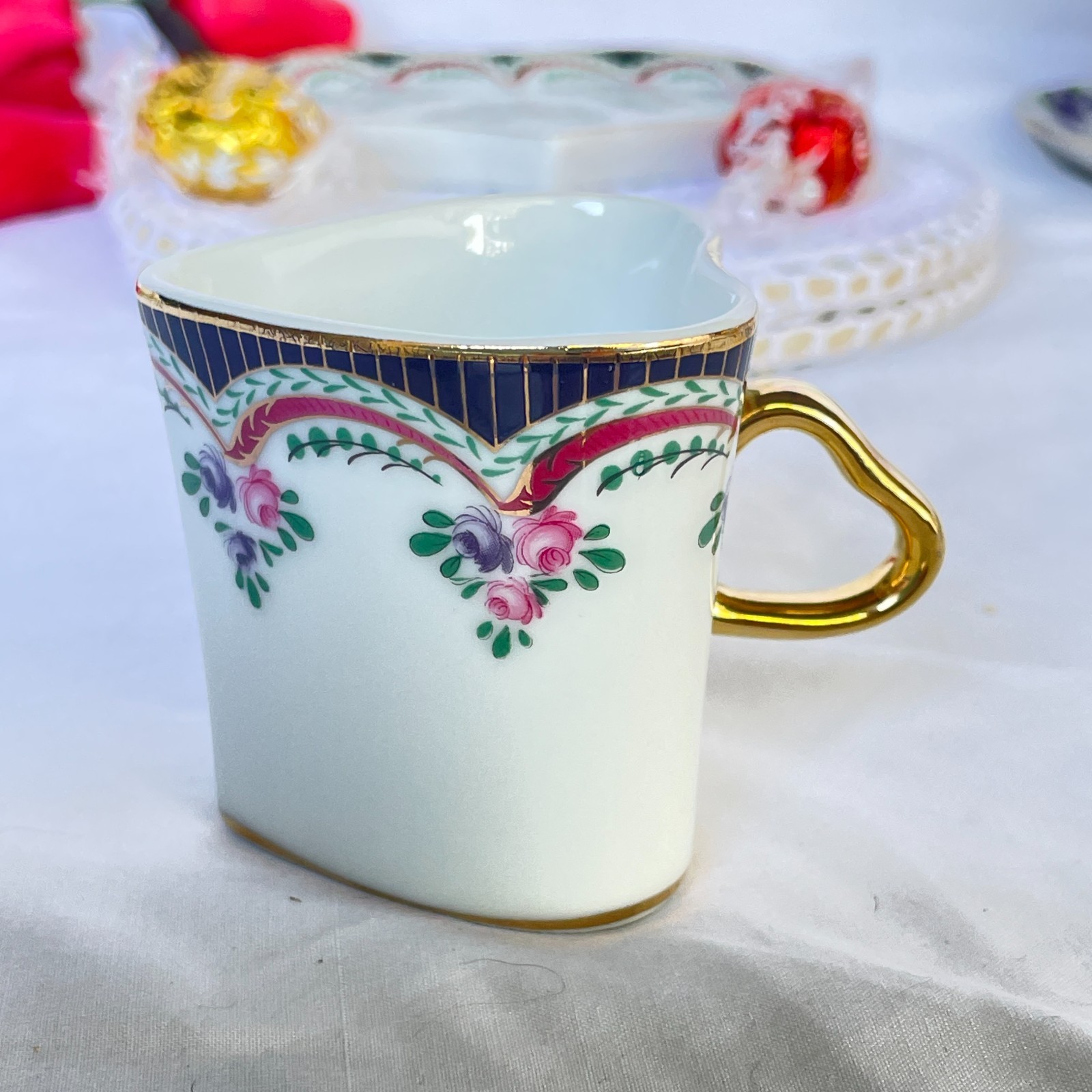 Vintage China Heart Shaped Coffee Cup & Saucer Cobalt Rim Rose Swags Gold Handle