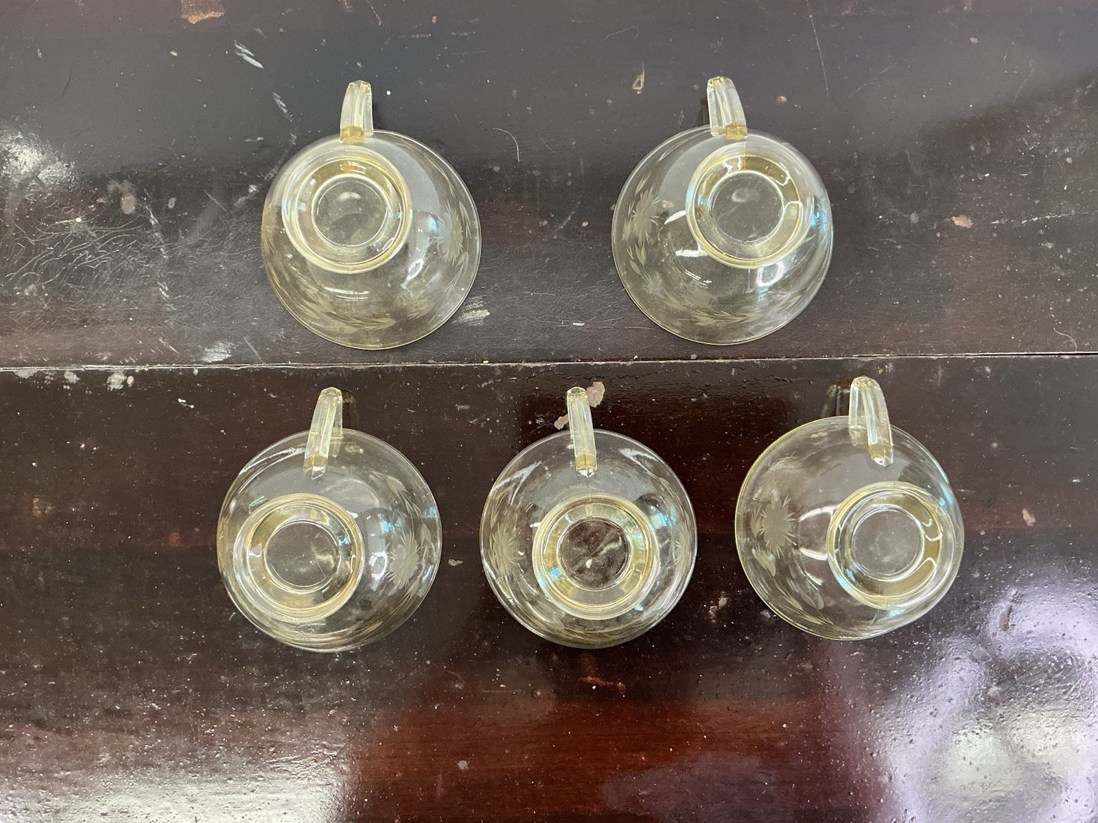 Etched Yellow Depresssion Glass Set Of 5 Cups And 7 Saucers