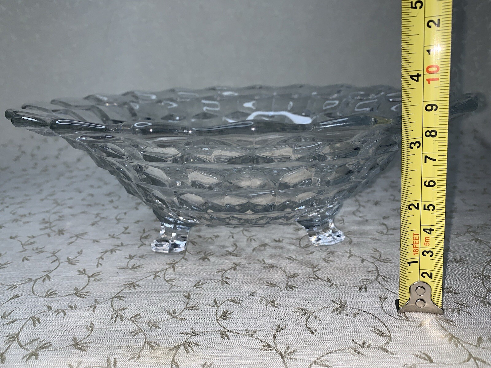 Fostoria American Cubist Clear Glass 3 Footed Serving Bowl 10” Vintage