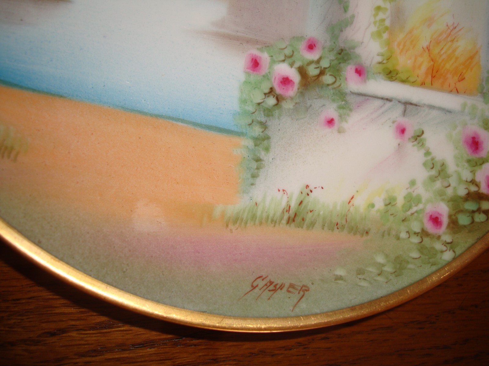 PICKARD HAND PAINTED VELLUM SIGNED “GASPER” PLATE, ITALIAN GARDEN, ROSES, 8 1/2″