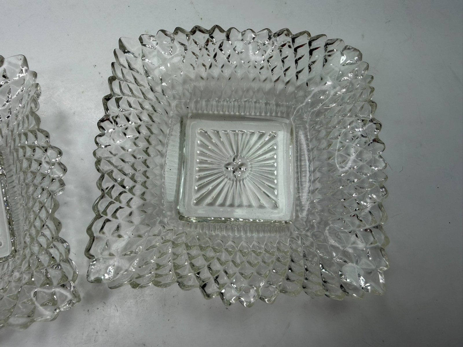 Set of 3, Vtg Indiana Glass 4″ Square Candy Dish Bowls Diamond Cut Ruffled Edge