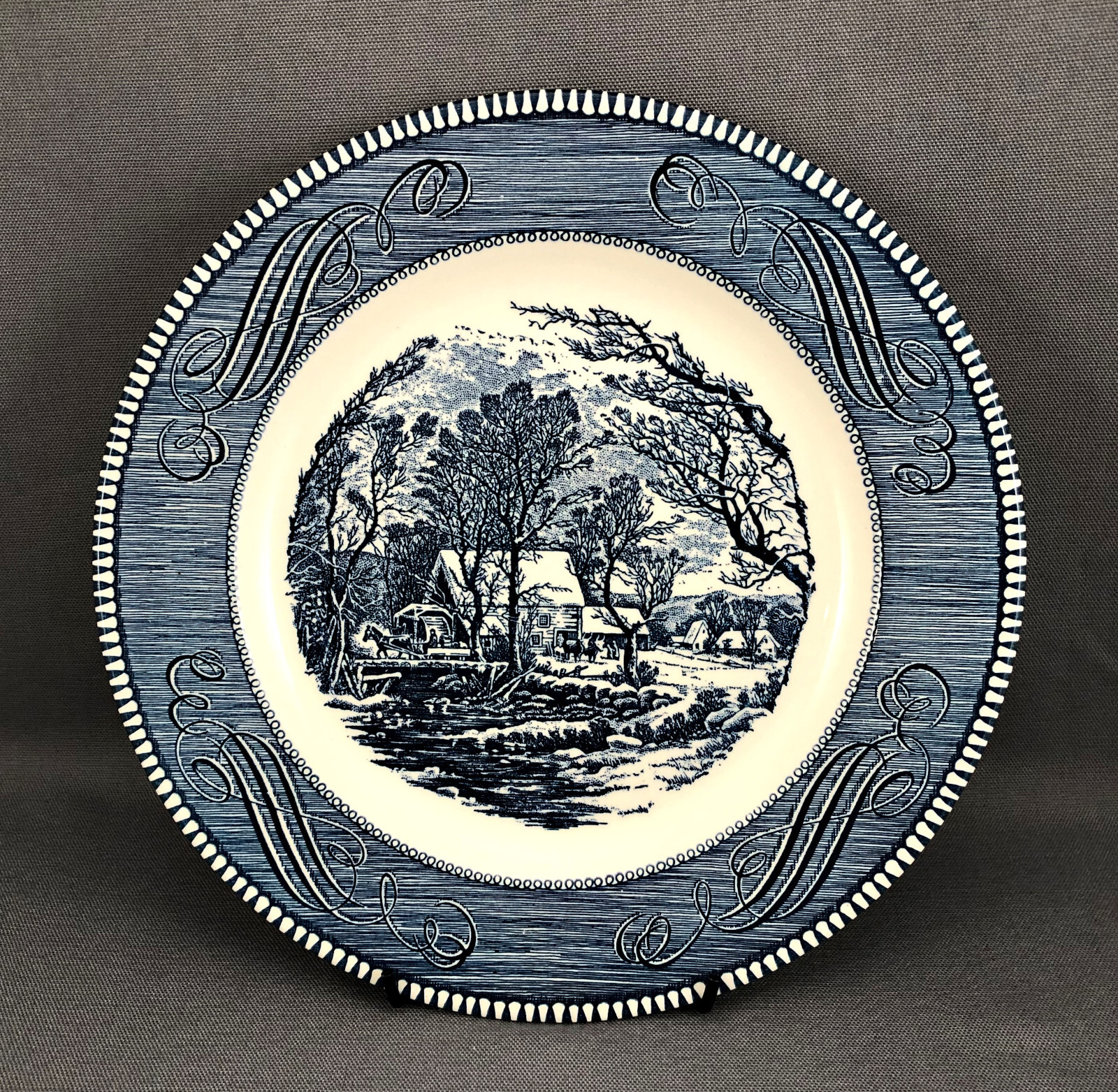 Royal China Blue Currier and Ives THE OLD GRIST MILL 10″ Dinner Plates Multiples