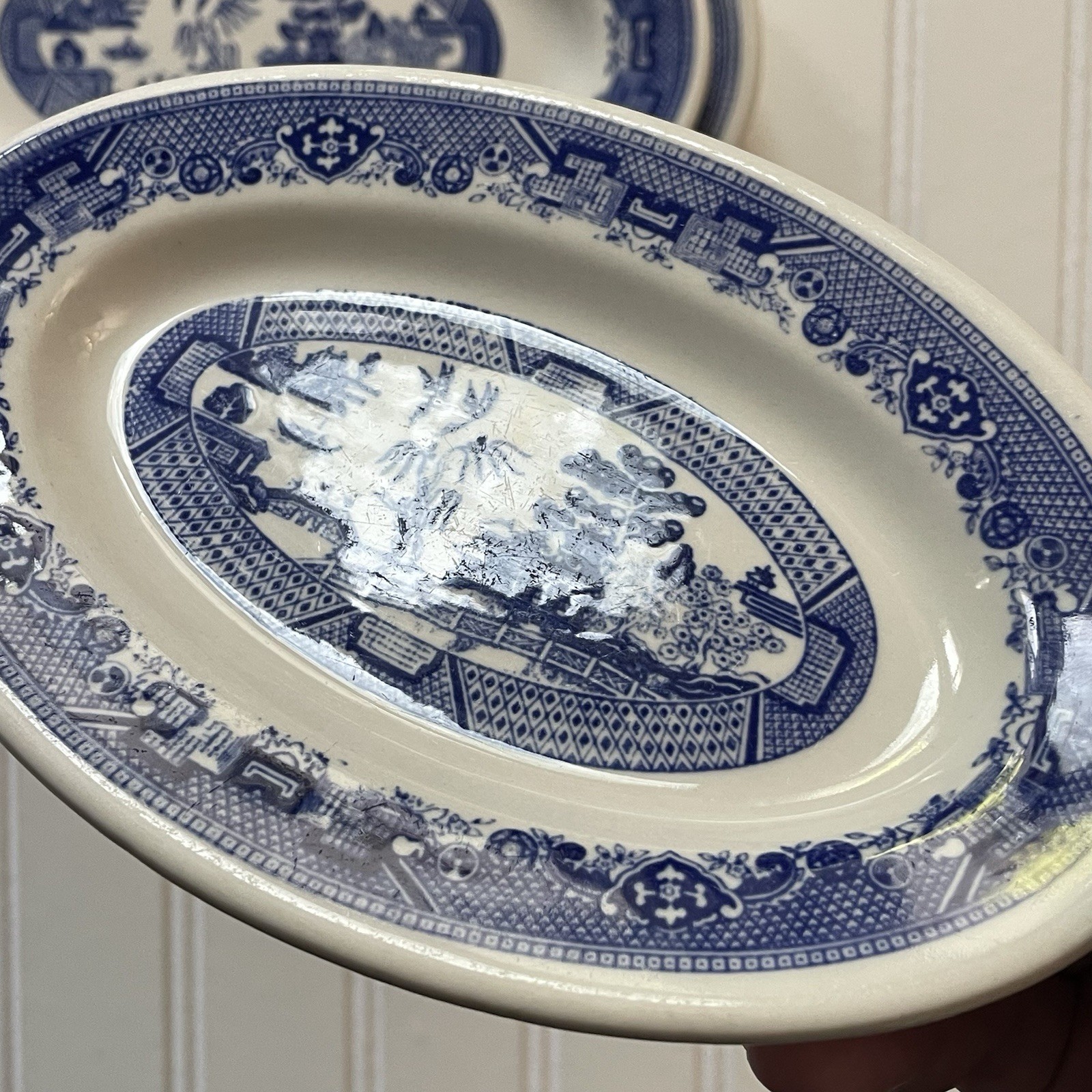 Vtg Buffalo China Blue Willow Restaurant Ware Oval Platter Set 3 Serving Plates