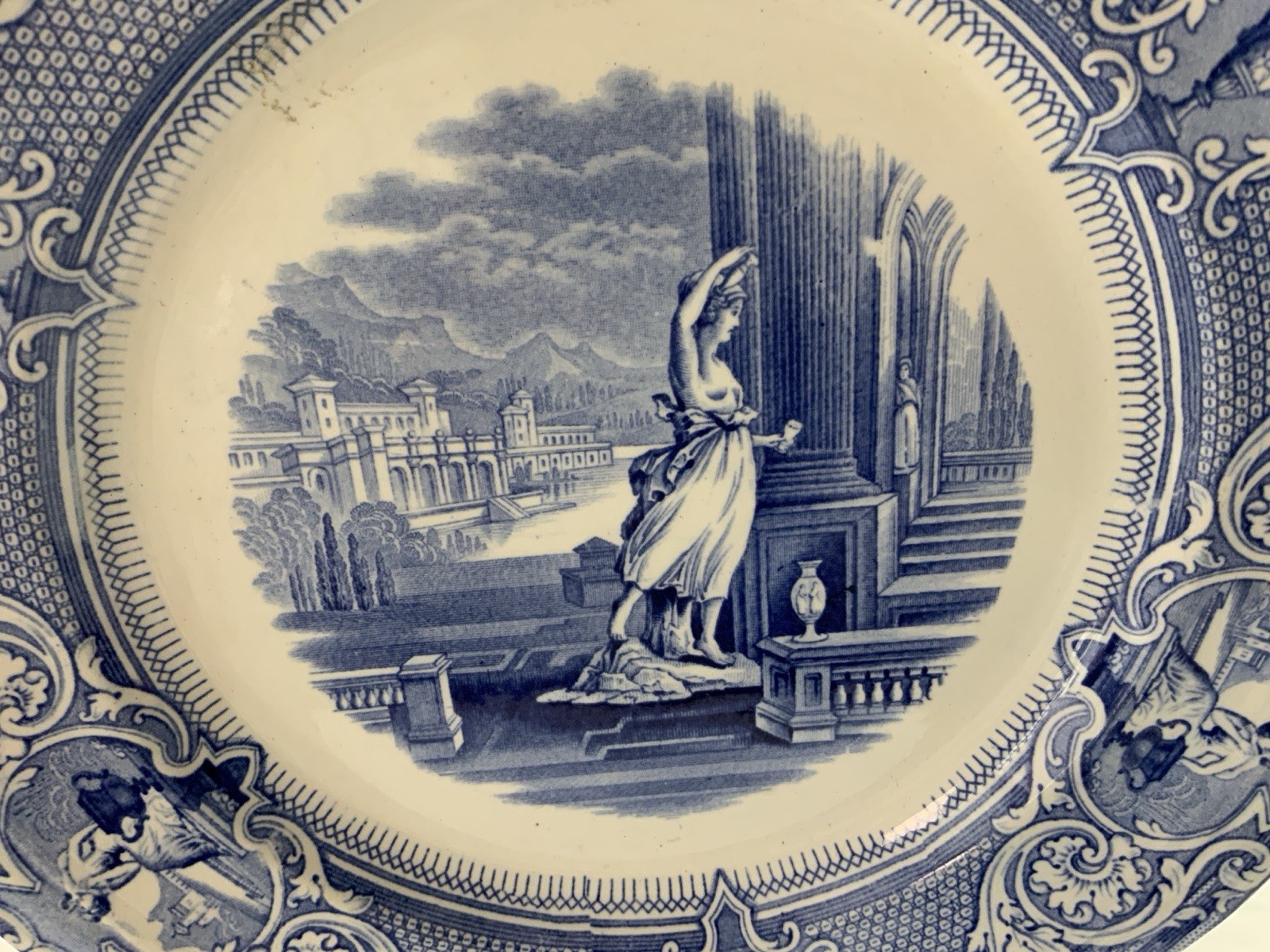 Antique Blue Transferware Dinner Plate, UK,, Grecian Lady & Castle, Davenport