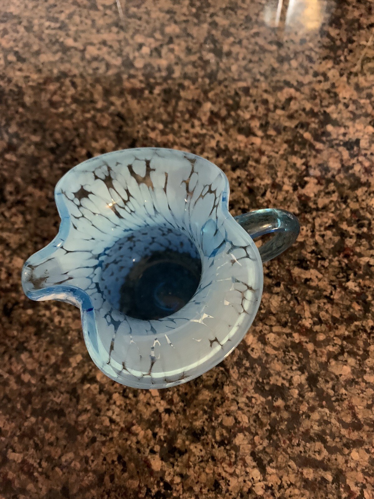 Old Small HAND BLOWN White SPLATTER Blue Art Glass PINCHED SIDES VASE/CRAFE