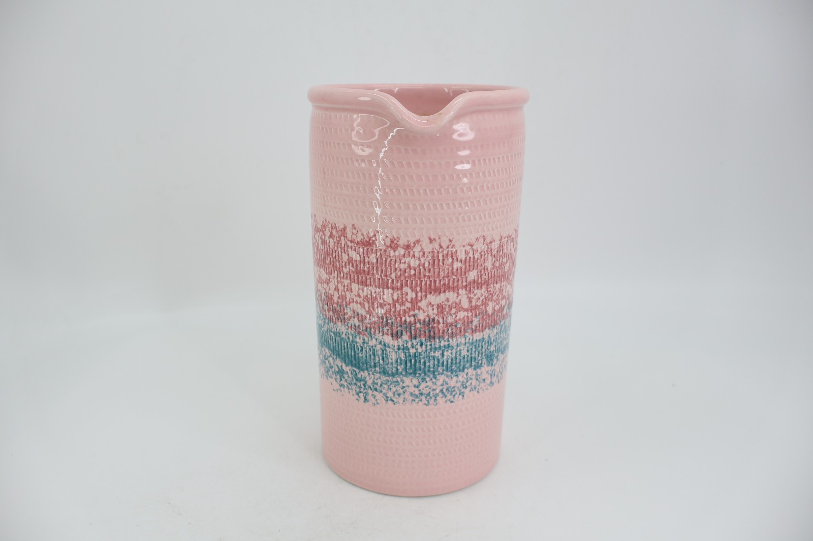 Baldelli Coriano Italy Hand Painted Ceramic Pitcher Pink Teal Stripe Textured