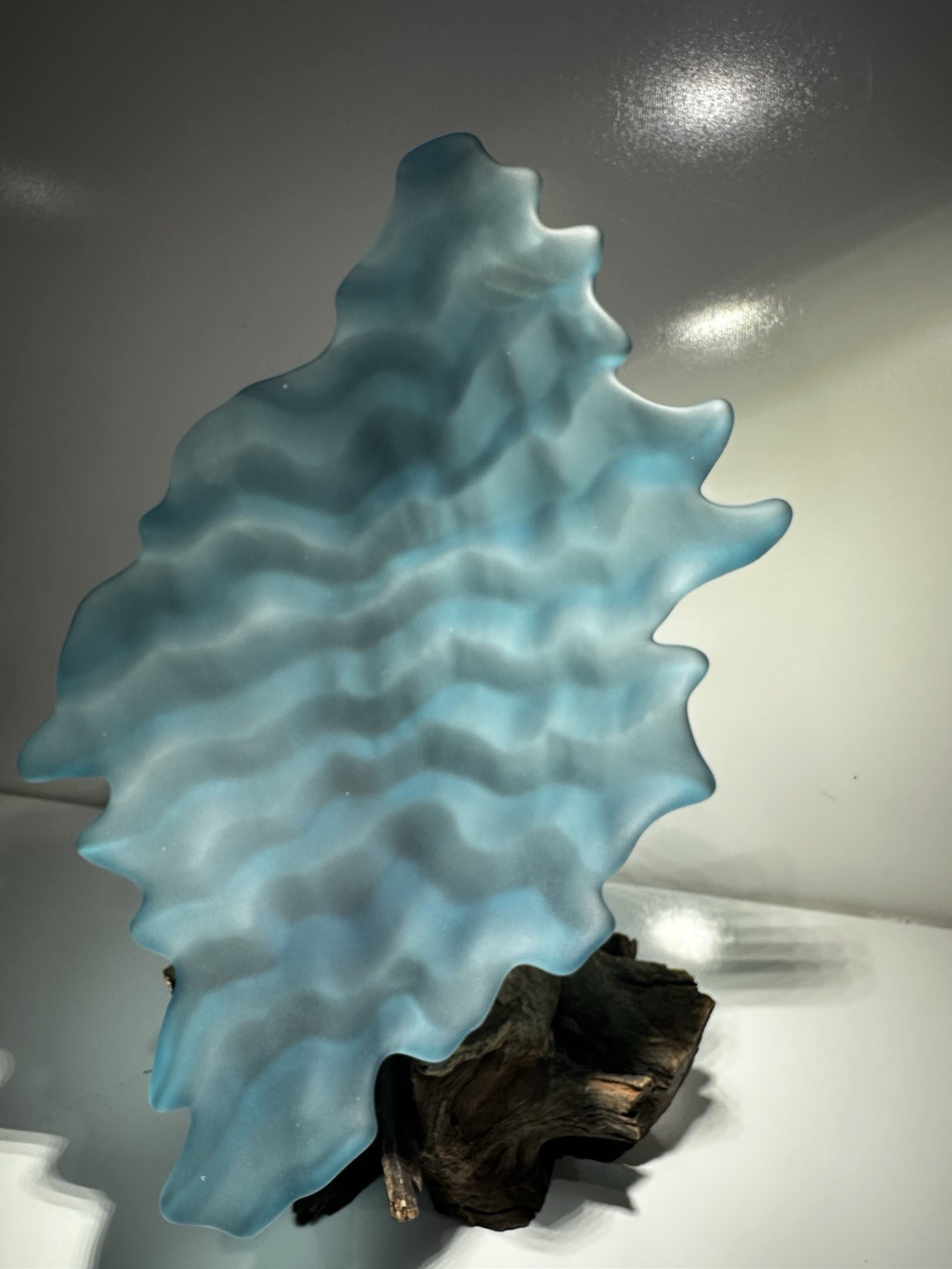 Postmodern Carved + Shaped Aqua Art Glass Asymmetrical Shallow Bowl