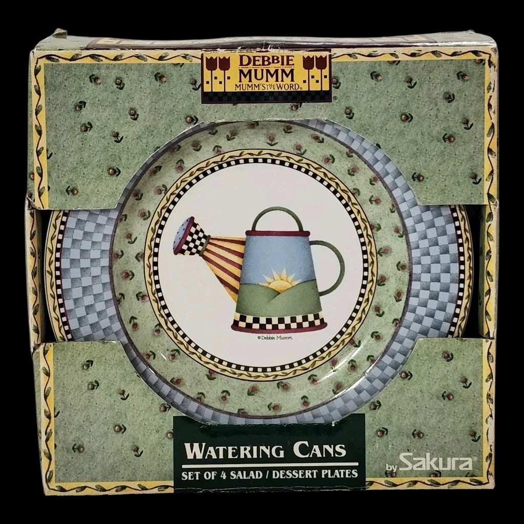 NIB 4 Sakura Watering Can Salad Plates 8″W Debbie Mumm Vtg Floral Checkerboard