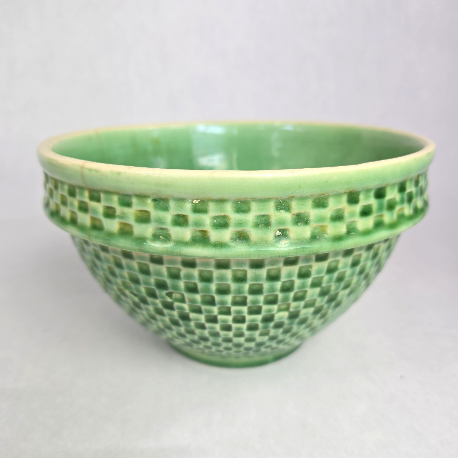 Antique McCoy Yellow Ware Pottery Green Checkerboard Mixing Bowl Med 7.75″
