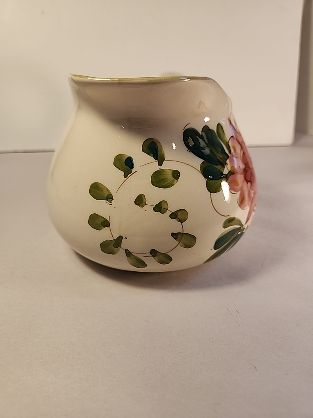 Secla Portugal Pottery Squat Pitcher Hand Painted Floral Vtg Cream Red Green