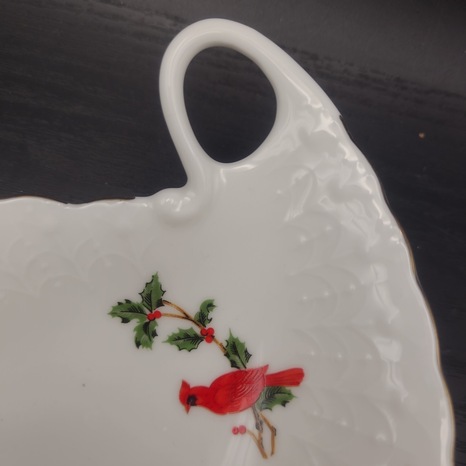 Vintage 1988 Lefton Bone China Red Cardinals & Holly Trinket Dish