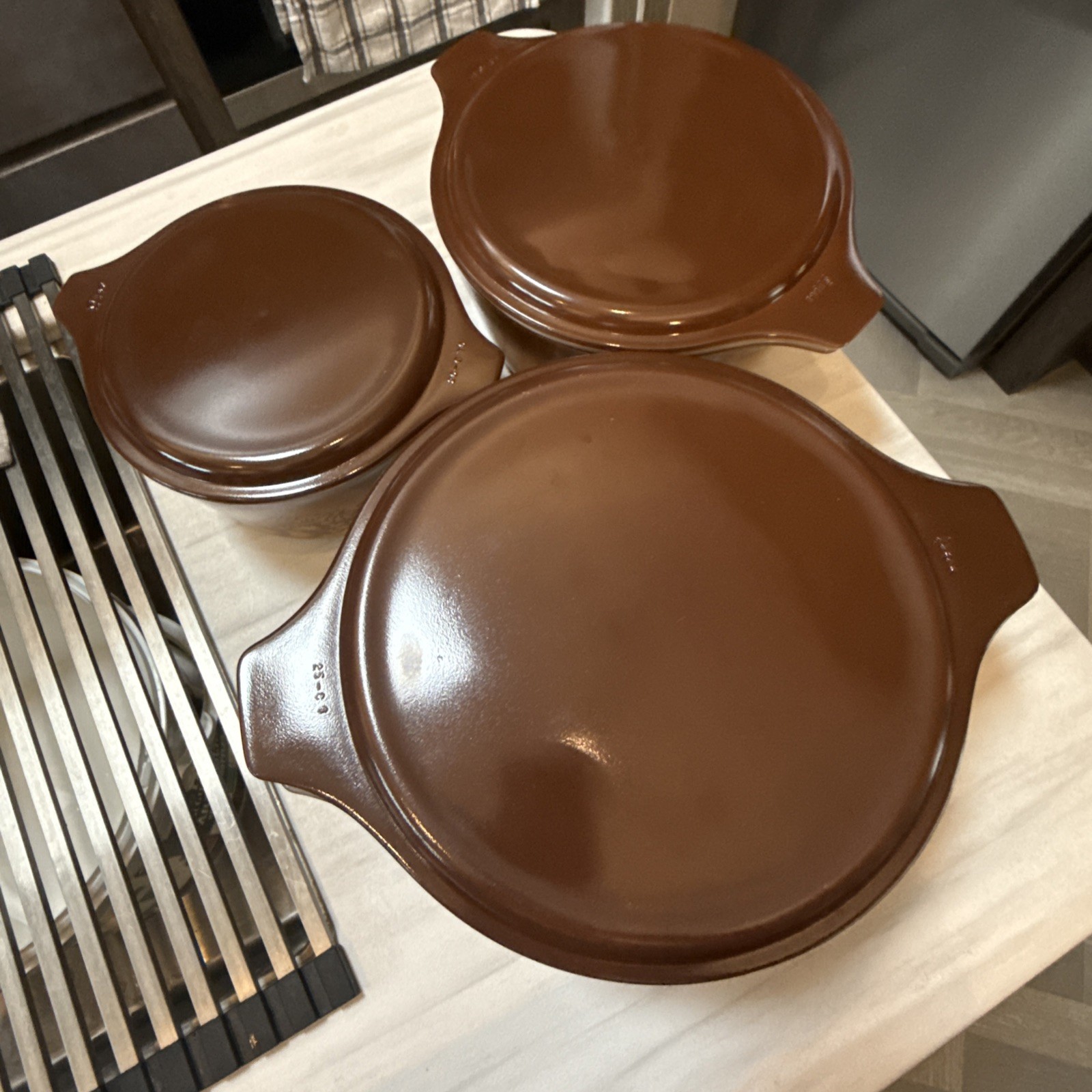 Lot of 3 Vintage Pyrex Old Orchard Brown Casserole Set with Lids 473, 474 475