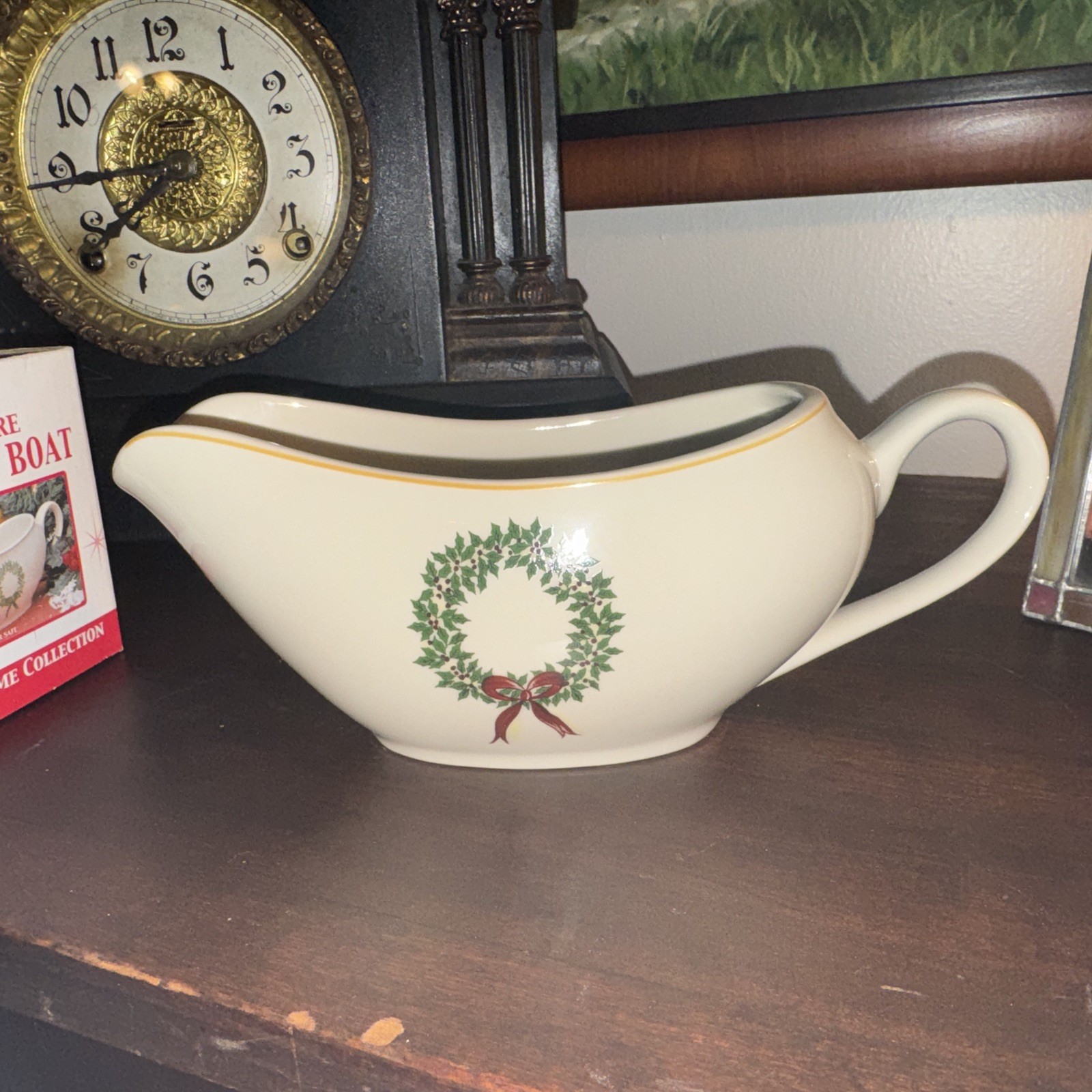 MerryBrite Stoneware Gravy Boat Holiday Home Collection with Wreath And Box