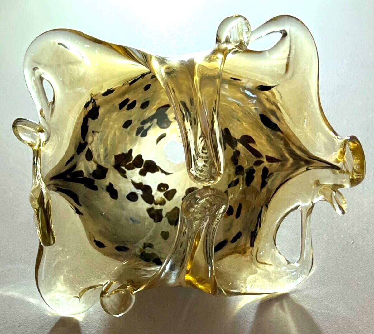 Finger Art Glass Small Bowl Light Neutral Gold Black Spots Swirl 6″ x 5″ Candy