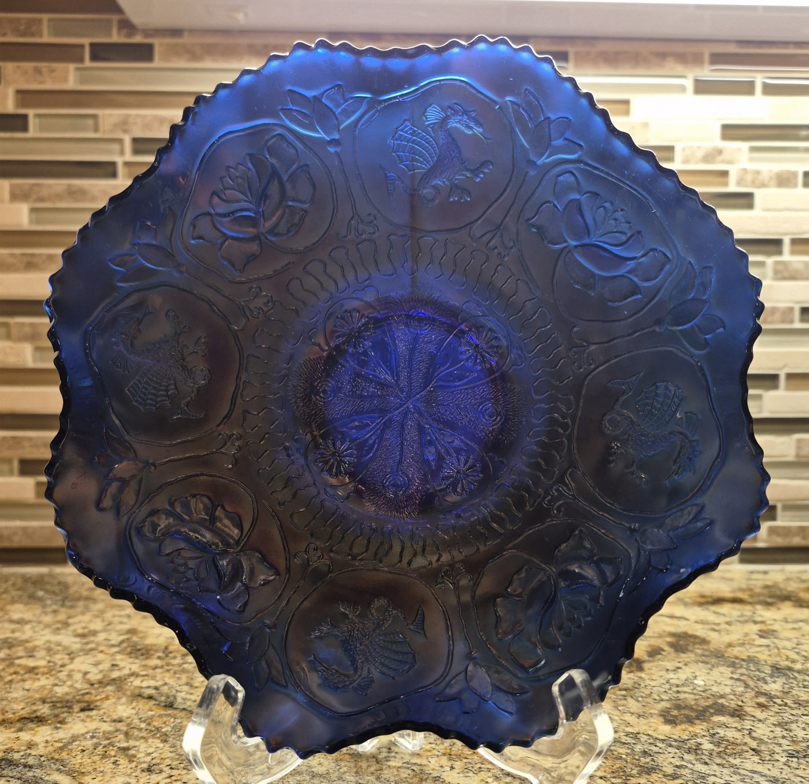 Antique Fenton Dragon/Lotus Bowl Cobalt Blue Metallic Finish 9in Across 2.5in…