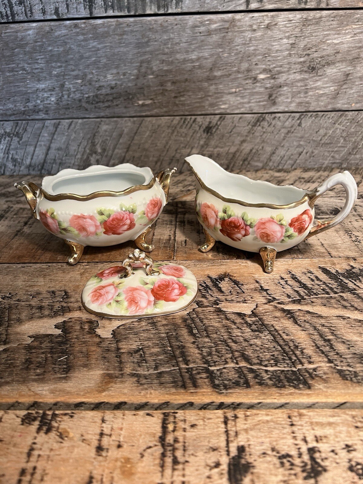 Ceramic Rose Creamer And Sugar Bowl Set By Old Ivory Germany