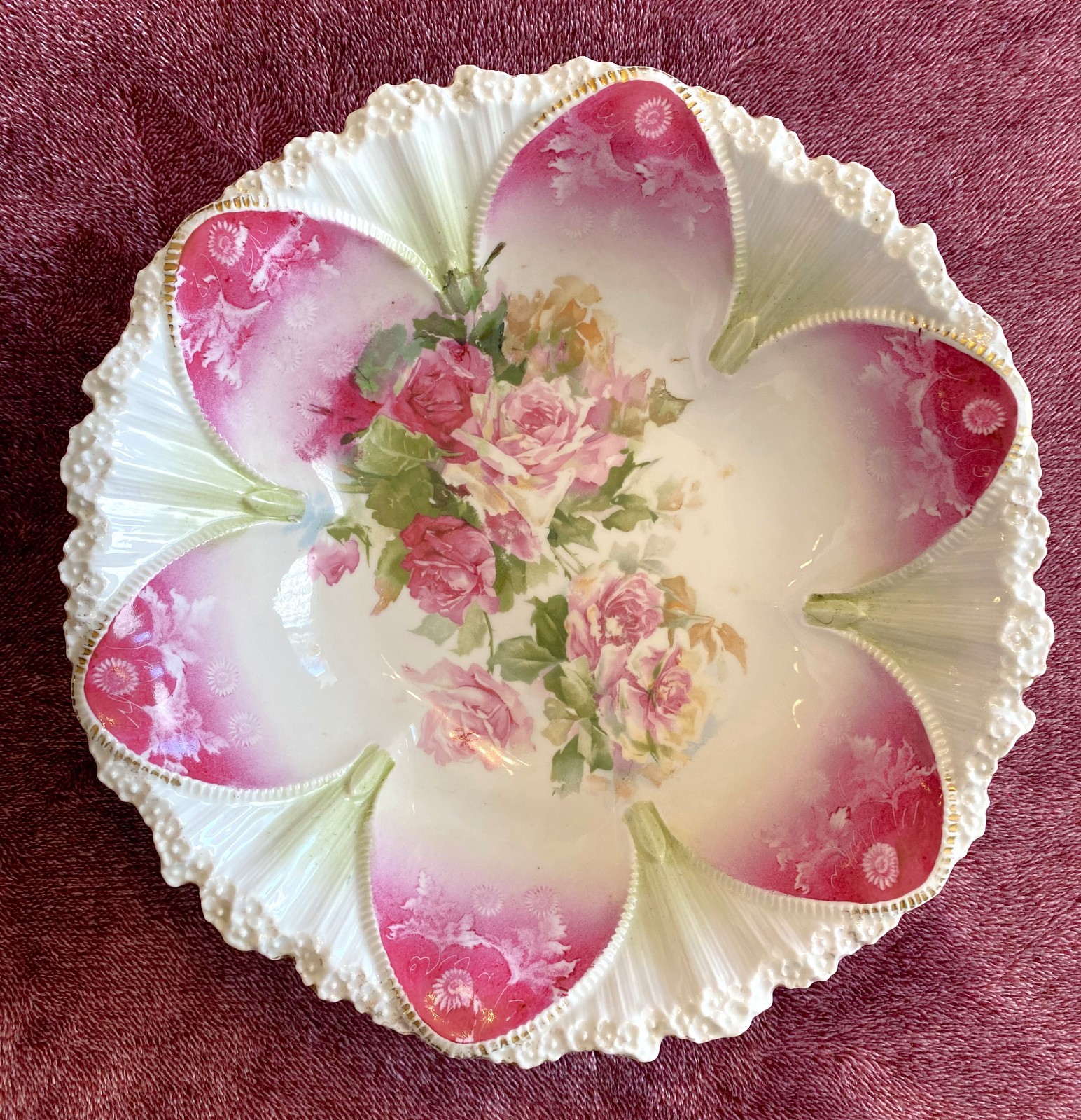 Antique RS Prussia Porcelain Serving & Berry Bowls Floral Pink Roses 7 PC Set
