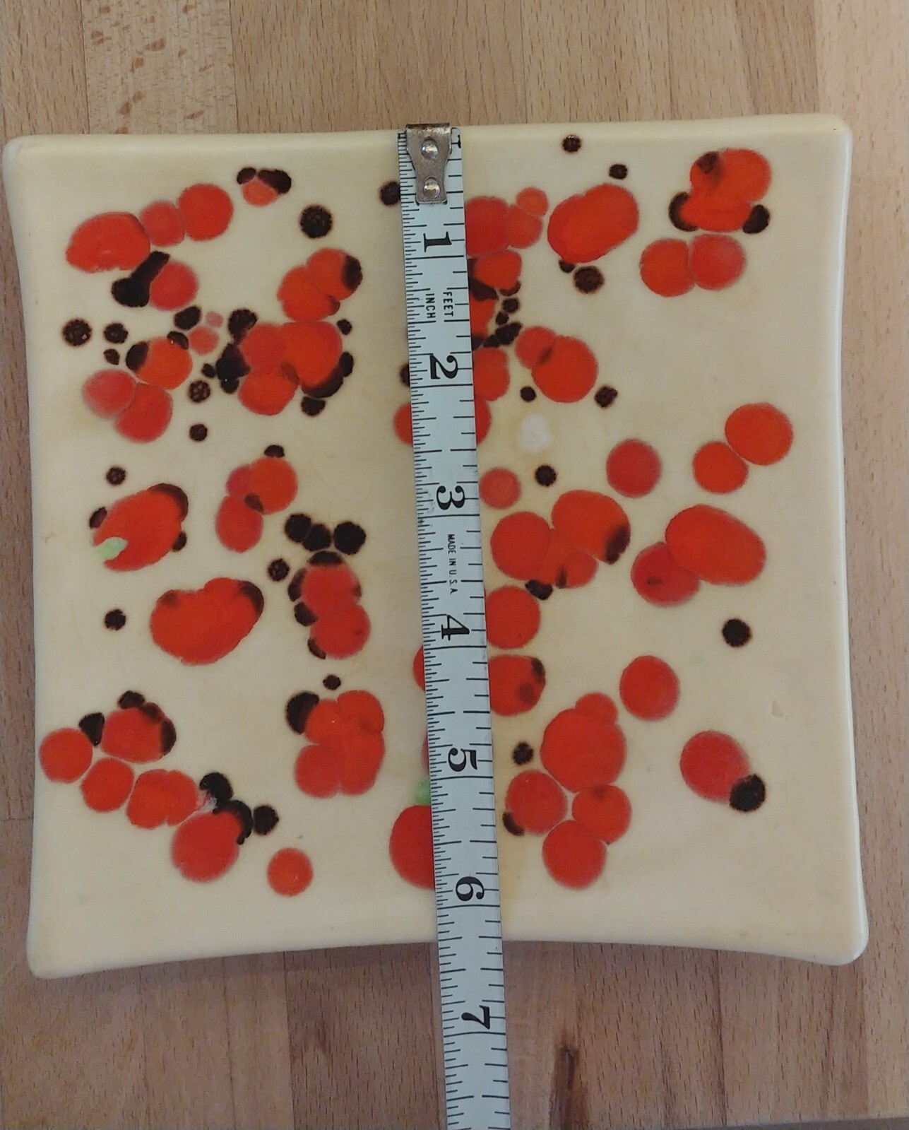 MCM Handmade Studio Art Pottery Curved Square Dish Orange Spotted Glaze 6.25 in²
