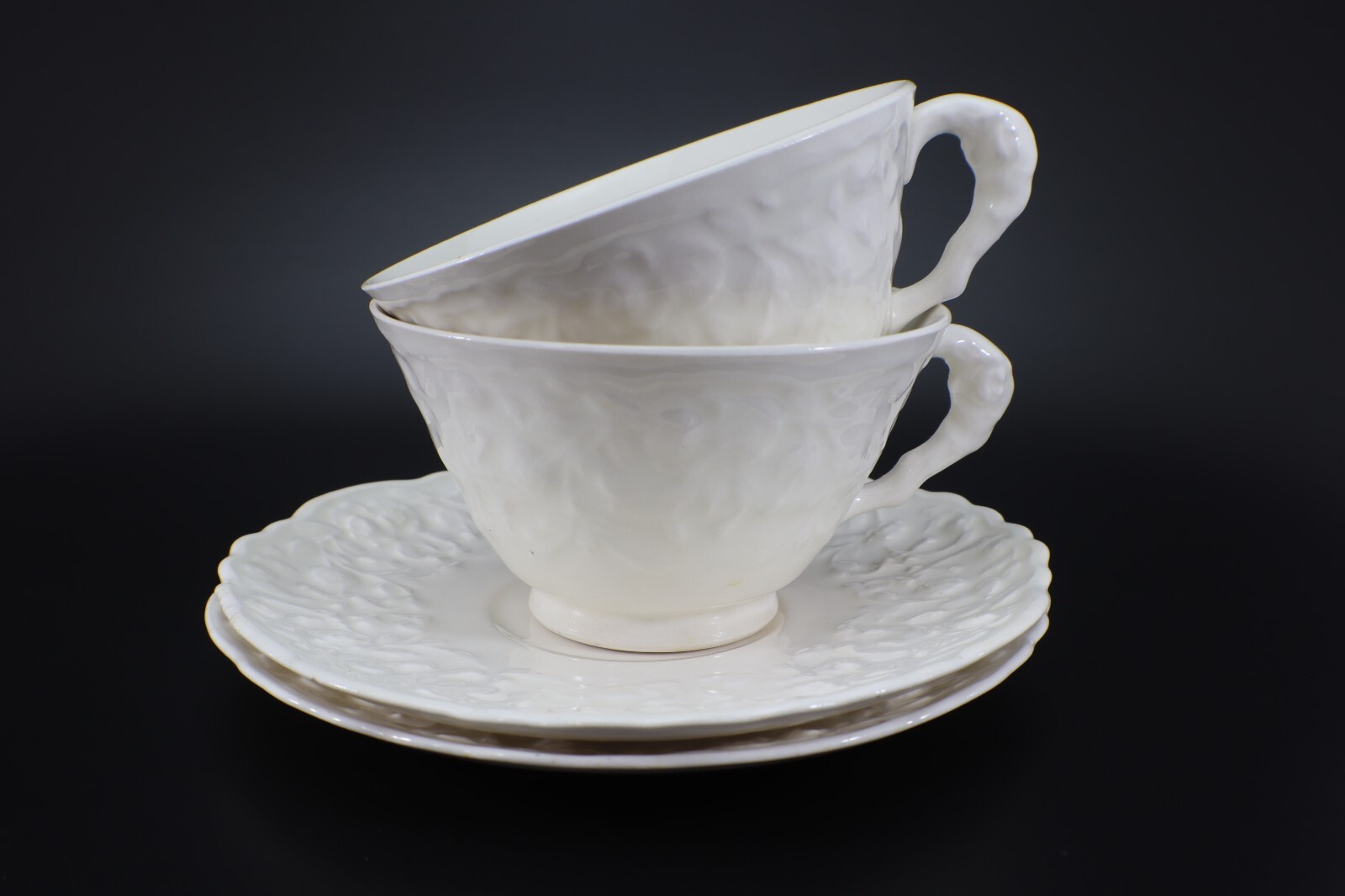 Pope Gosser Rose Point CUP & SAUCER Set of 2 White w Raised Roses Vintage USA s