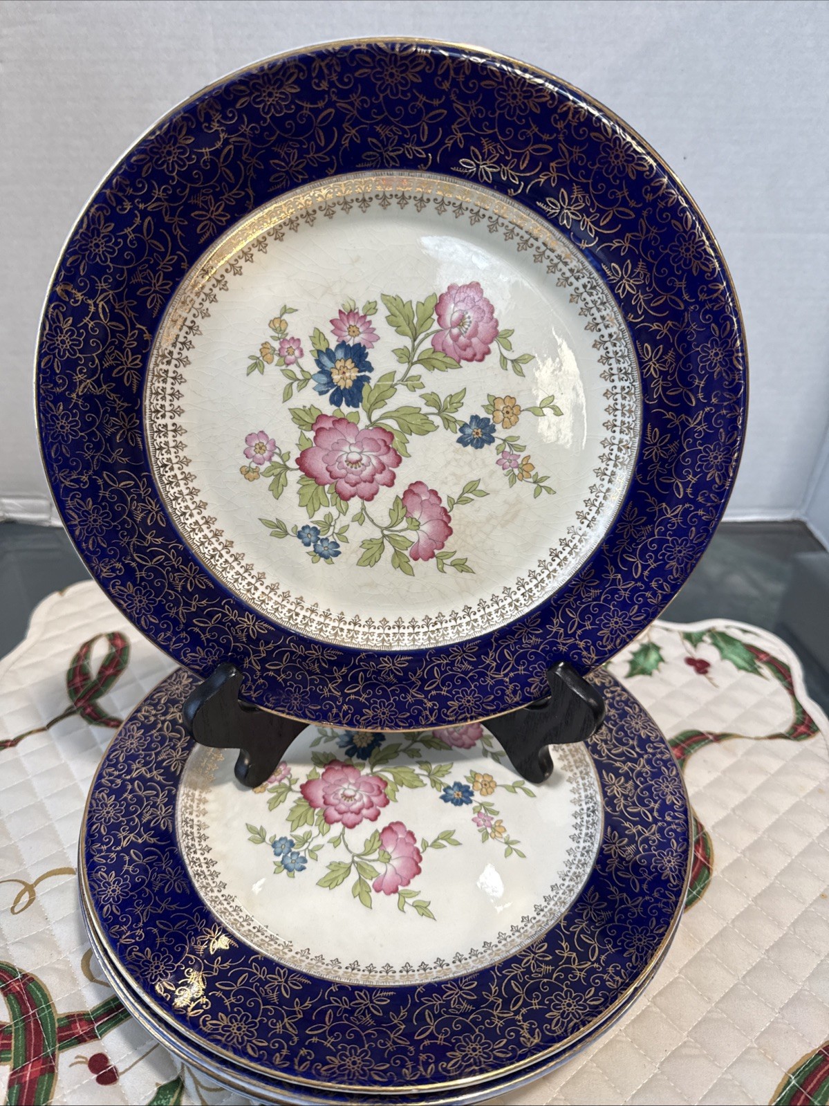 Steubenville China Cobalt Blue & Gold Rimmed Floral Dinner Plate