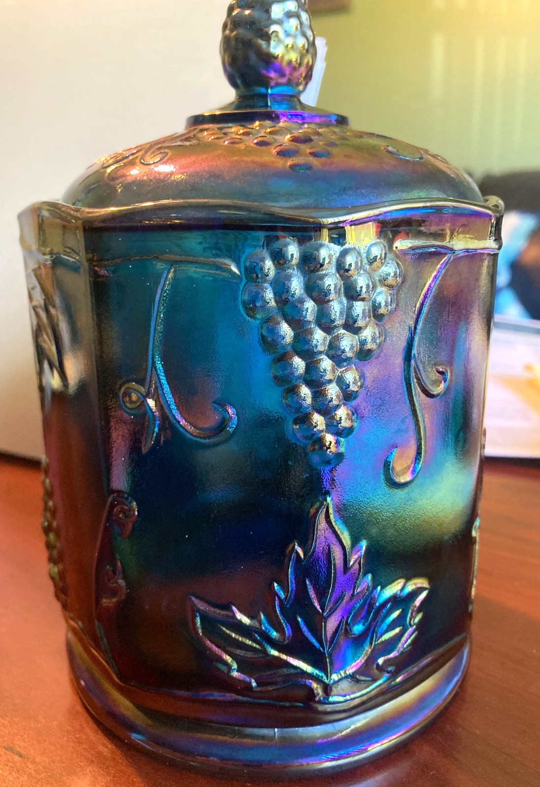IRIDESCENT CARNIVAL GLASS COMPOTE/CANDY JAR WITH LID