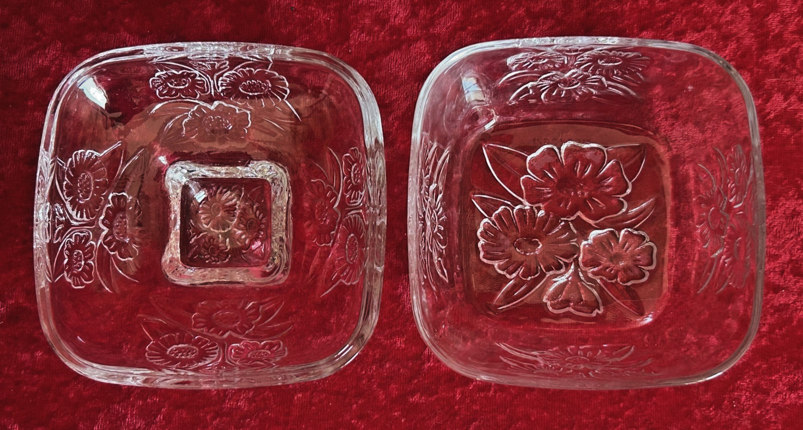 Vintage KIG Pressed Glass Candy Dish + Lid Raised Daisy Floral Indonesia Square